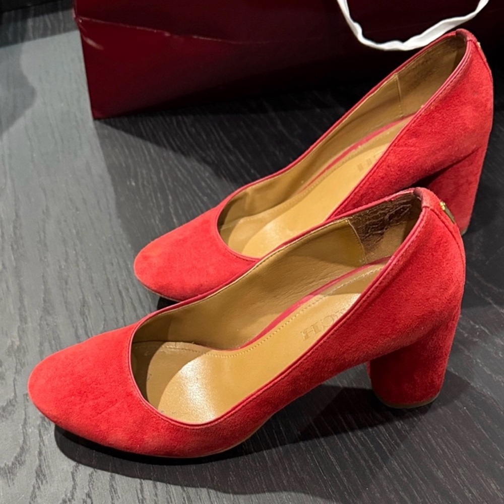 Coach Red Suede Block Heel Pumps - Women's Classic Court Shoes